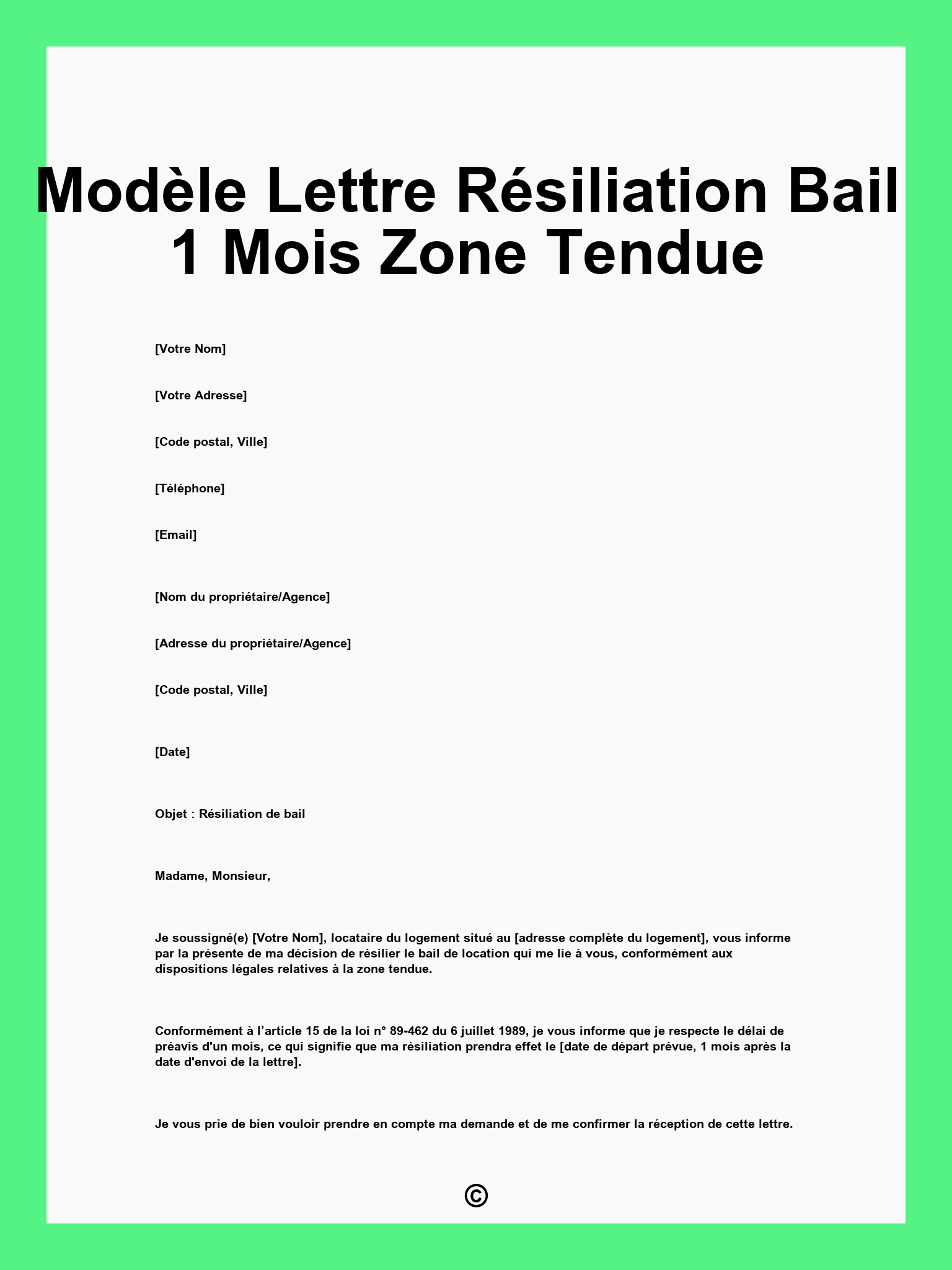 Modèle Lettre Résiliation Bail 1 Mois Zone Tendue