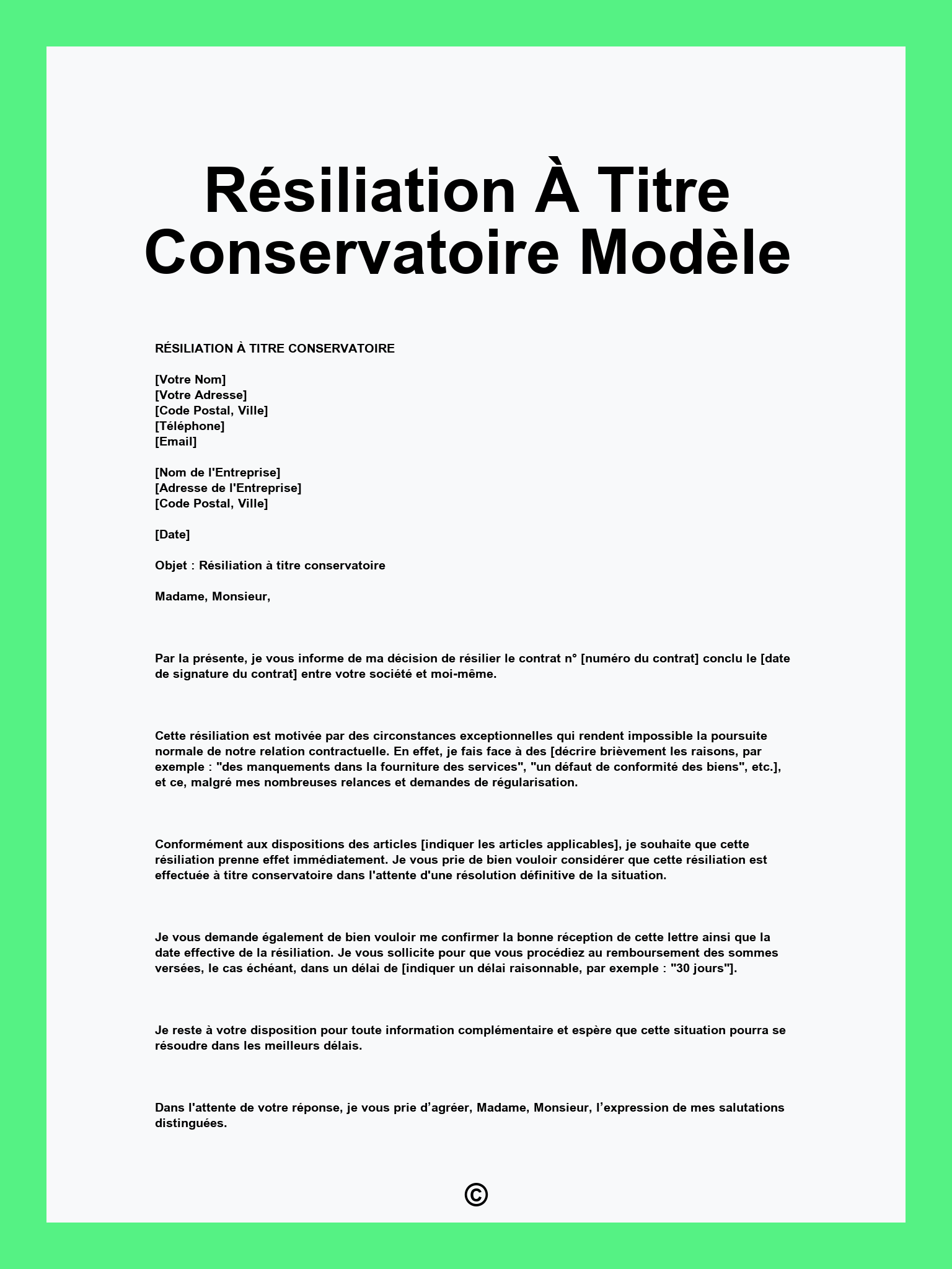 Résiliation À Titre Conservatoire Modèle